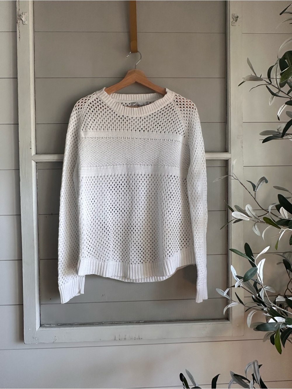 Prana Organic Cotton White Open-Weave Crewneck Sweater